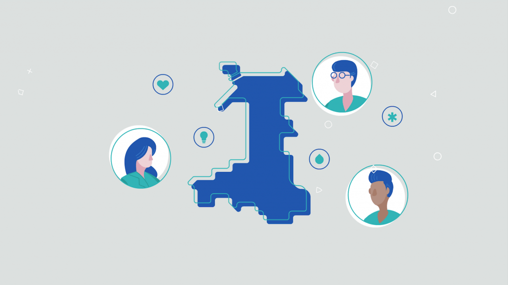 A graphic showing a play icon, map of Wales and people looking on