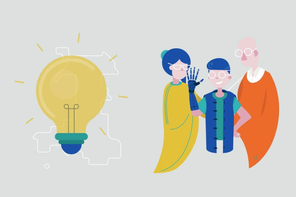 This image shows a lightbulb and a family with a health technology