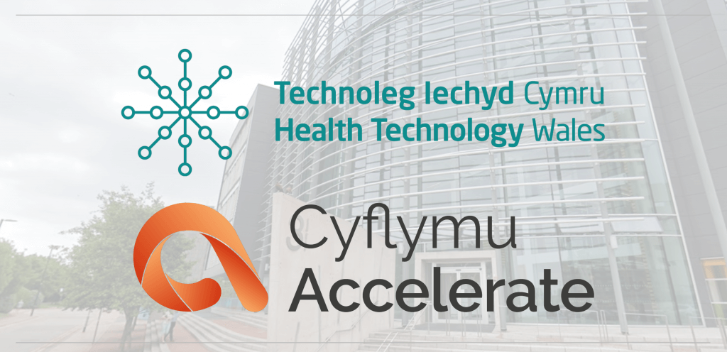 The image shows the logos of Health Technology Wales and Accelerate, in front of the Life Sciences Hub Wales.
