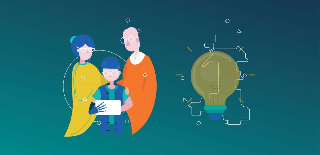 An illustrated graphic of parents, a child with a health technology, a light bulb and a map of Wales